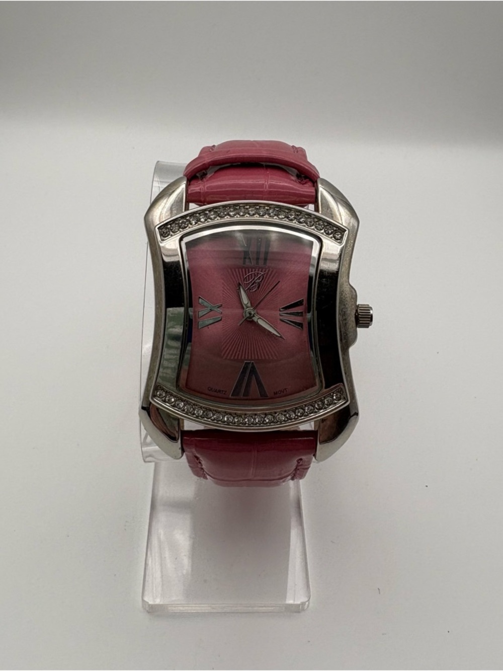 Burgi Pink Crystal Accent Rectangle Watch Crocodile Band‎ BTV011 Works!